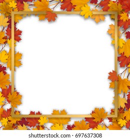Autumn maple tree branch border. Golden frame in foliage. Vector, isolated on a white background.