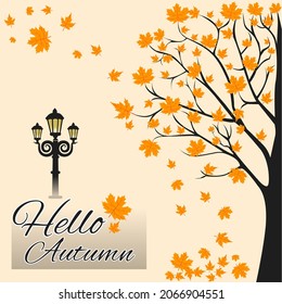 Autumn maple tree at dusk. Maple leaf autumn theme, garden lights and the word "hello autumn" for background greeting card, poster, banner and brochure 