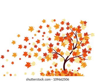 Autumn Maple Tree With Falling Leaves on White Background. Elegant Design with Text Space and Ideal Balanced Colors. Vector Illustration.