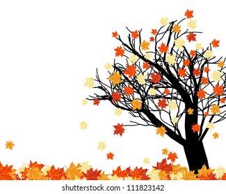 Autumn Maple Tree With Falling Leaves on White Background. Elegant Design with Text Space and Ideal Balanced Colors. Vector Illustration.