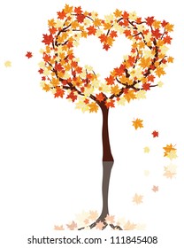 Autumn Maple Tree With Falling Leaves on White Background. Elegant Design with Text Space and Ideal Balanced Colors. Vector Illustration.