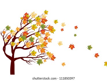Autumn Maple Tree With  Falling Leaves. Vector Illustration.