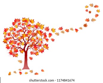 Autumn Maple Tree With Falling Leaves isolated on White Background.  Elegant Design with Text Space. Vector EPS 10 and raster format available.