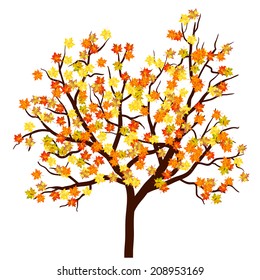 Autumn Maple Tree With Falling Leaves on White Background. Elegant Design with Text Space and Ideal Balanced Colors. Vector Illustration.