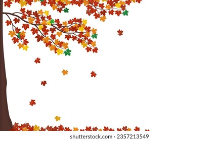 Autumn maple tree with falling leaves on white background. Vector Flat Illustration.