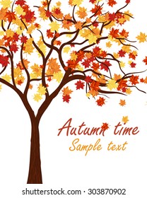 Autumn Maple Tree With Falling Leaves on White Background. Elegant Design with Text Space and Ideal Balanced Colors. Vector Illustration.
