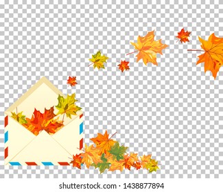 Hojas de arce otoñales con sobre. Ilustración vectorial.