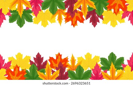 Marco de hojas de arce de otoño. Caída de hojas coloridas brillantes sin bordes Horizontales, Ilustración vectorial.