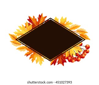 Autumn maple tree leaves with rowan berry. Rhombus frame with copy space. Vector banner template.