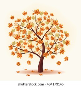 Autumn maple tree leaves. Vector illustration on a beige background.