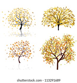 Autumn Maple Tree Set  With Falling Leaves On White Background. Elegant Design With Text Space And Ideal Balanced Colors. Vector Illustration.