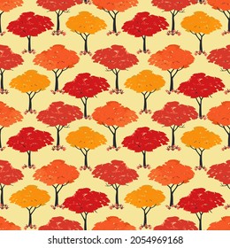 Autumn Maple trees Fall season seamless vector pattern. Beautiful Autumnal nature forest cartoon wallpaper. Fall holidays decorative design element. Maples in park, woodland background illustration