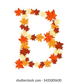 Autumn Maples Leaves Letter B. Golden Fall Design. Vector illustration.