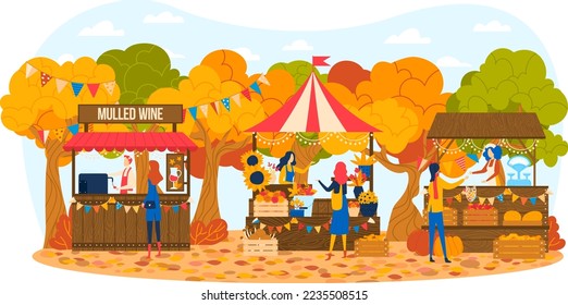 Autumn market, fair background, colorful harvest pumpkin, exhibition banner, food sale sign, flat style vector illustration.