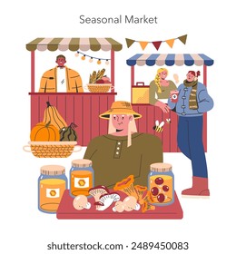 Autumn market scene with vendors and customers enjoying the harvest. Pumpkins, honey, preserves, and corn signal fall's bounty. Vector illustration.