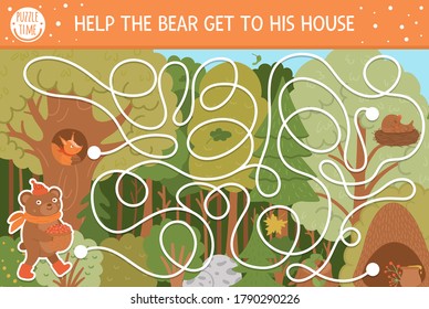 Autumn maze for children. Preschool printable educational activity. Funny fall season puzzle with cute woodland animal. Help the bear get to his house. Forest game for kids. 
