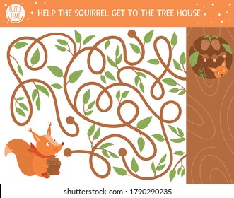 Autumn maze for children. Preschool printable educational activity. Funny fall season puzzle with cute animal. Help the squirrel get to the tree house. Forest game for kids. 
