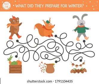 Autumn Maze For Children. Preschool Printable Educational Activity. Funny Fall Season Puzzle With Cute Woodland Animals And Harvest. What Did They Prepare For Winter. Forest Game For Kids. 
