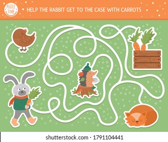 Autumn maze for children. Preschool printable educational activity. Funny fall season puzzle with cute woodland animal. Help the rabbit get to the case with carrots. Forest game for kids. 
