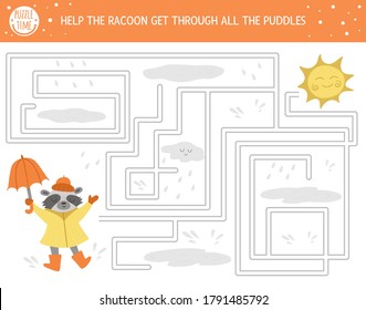 Autumn maze for children. Preschool printable educational activity. Funny fall season puzzle with cute woodland animal, raindrops, cloud, umbrella. Help the raccoon get through all the puddles. 
