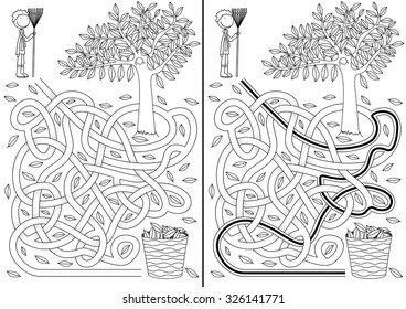 Autumn maze for kids with a solution in black and white