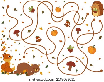 Autumn maze labyrinth for children. Hedgehog Pumpkin. Preschool printable educational activity. Funny fall season puzzle with cute woodland animals and autumn leaves. Game for kids.