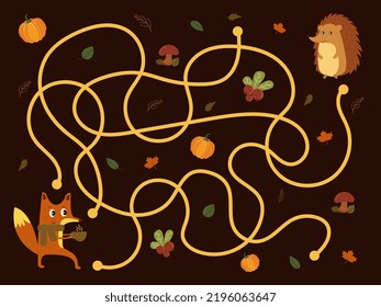 Autumn maze labyrinth for children. Pumpkin Fox Hedgehog. Preschool printable educational activity. Funny fall season puzzle with cute woodland animals and autumn leaves. Game for kids.