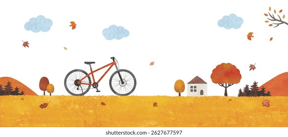Autumn Meadow Landscape with Bicycle Watercolor