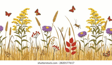 Autumn meadow seamless border with yellow goldenrod, purple asters, dried wheat, red berries, orange monarch butterflies, and a grasshopper isolated on a white background.