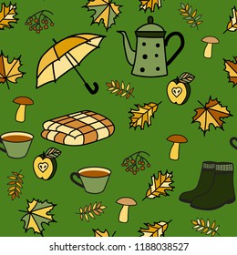 Autumn meadow seamless pattern with leaves, berries, mushrooms, zint, plaid, boots. Vector
