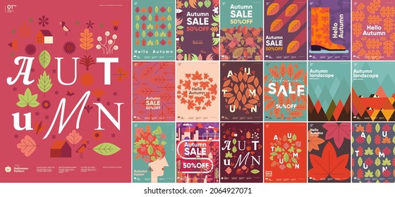 Autumn. Mega set. Simple flat vector illustrations. Background patterns hello autumn, autumn sale, seasons. Perfect background for banner, poster, flyer, cover.