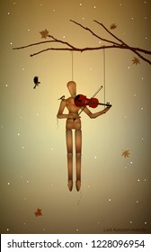 autumn melancholy,  last autumn melody, marionette hanging on the tree branch and playing violine for tit birds, vector