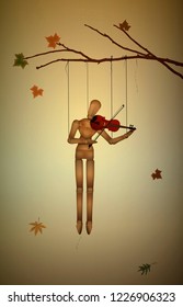 autumn melancholy,  November melody, marionette hanging on the tree branch and playing violine, vector