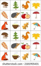 Autumn Memory Game Cards With Cute Objects. Matching Activity. Remember And Find Correct Picture Card. Simple Fall Printable Worksheet For Kids