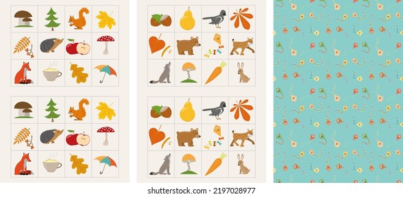 Autumn Memory Game Cards With Cute Objects. Matching Activity. Remember And Find Correct Picture Card. Fall Worksheet For Kids. Reverse Side.