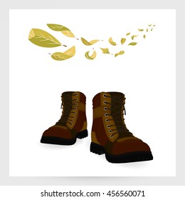 Autumn men's fashion shoes on a white background. Autumn leaves design elements