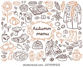 Carta de menú de otoño - hojas, setas, ropa de otoño, bebida caliente, mermelada, manzanas. Ilustración vectorial. Perfecto para el menú del otoño, libro de colores, tarjeta de saludo, impresión.