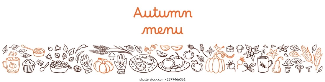 Autumn menu card - pumpkin, leaves, nuts, spices, cake, hot drink, raspberries, mushrooms, apples, pear, berries. Vector illustration. Perfect for autumn menu, coloring book, greeting card, print.