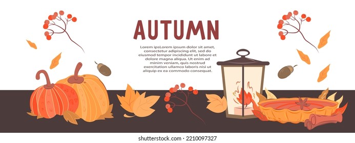 Menú otoñal para cosecha estacional fondo banner con calabazas y hojas de otoño, ilustración de vector dibujada a mano. Cartel de otoño o otoño o telón de fondo para el Día de Acción de Gracias o Halloween.