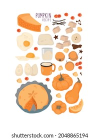 Autumn menu. Autumn menu. Ingredients for Pumpkin pie. A home-made recipe. Isolated vector colorful element on a white background. trick or treat.