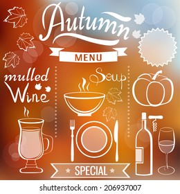 Autumn menu items and templates on blurred background, EPS10 vector illustration