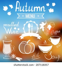 Autumn menu items and templates on blurred background, EPS10 vector illustration