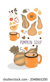 Autumn menu. Pumpkin soup. Ingredients for pumpkin recipes. Traditional dishes for celebrating Thanksgiving and the Harvest Festival. Big set.
