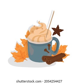 Autumn menu. Сoffee with spices. Isolated vector colorful element on a white background. 