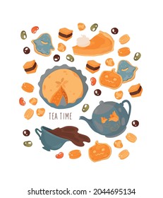Autumn menu. Traditional pumpkin pie with whipped cream. Sponge cookies. Candy for Halloween. Isolated vector colorful element on a white background. Big set.