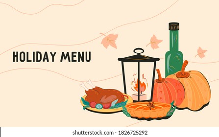 Autumn menu web banner or poster  template  with traditional Thanksgiving and Halloween holiday dishes, flat vector illustration. Holiday menu web page design.