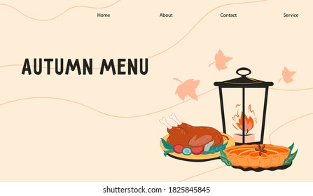Autumn menu web banner template for Thanksgiving or Halloween holiday festive dinner, flat cartoon vector illustration. Autumn and fall season meals from seasonal harvest fruits.
