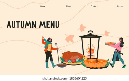 Autumn menu web banner with tiny cooks preparing seasonal dishes, flat vector illustration. Restaurant site page interface for Thanksgiving, Halloween or fall season card.