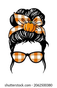 Autumn Messy bun with pumpkin , Girl with messy bun and glasses, Buffalo plaid bandana