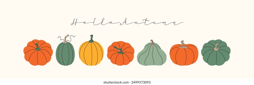 Autumn minimalist banner with cute colorful pumpkins. Thanksgiving and Harvest Day background. Vector template for cover, poster, social media, ads, packaging.